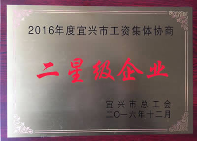 宜興市總工會(huì)授予我公司2016年度宜興市工資集體協(xié)商二星級企業(yè)。